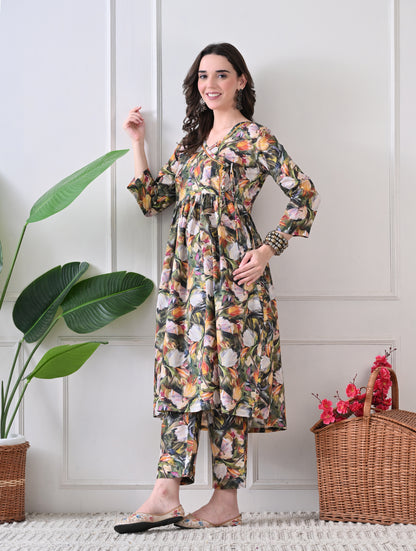 Autumn Flora Angrakha Tunic & Trouser Set