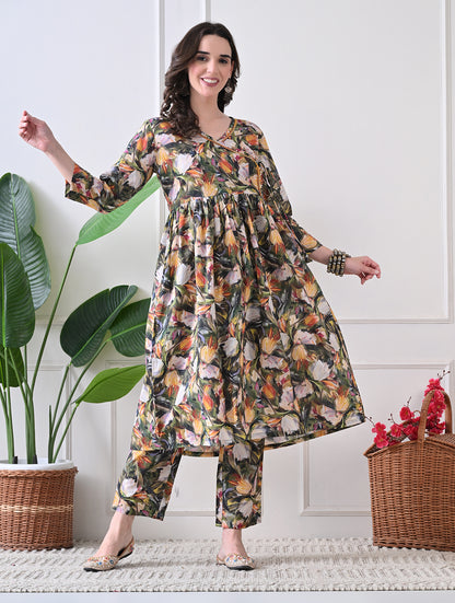 Autumn Flora Angrakha Tunic & Trouser Set