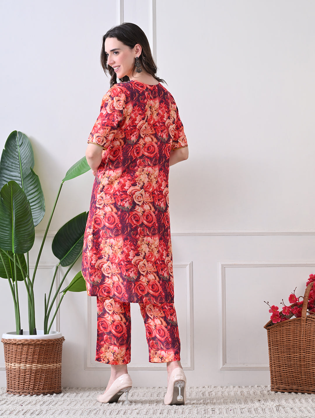 Espresso & Sand Geometric Kurta Set with Lace Accents