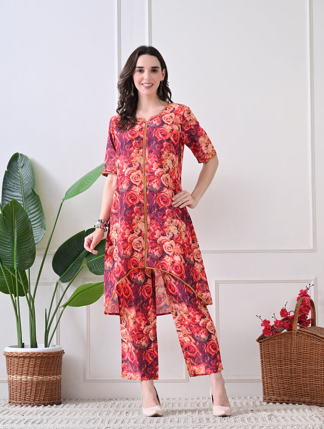 Espresso & Sand Geometric Kurta Set with Lace Accents