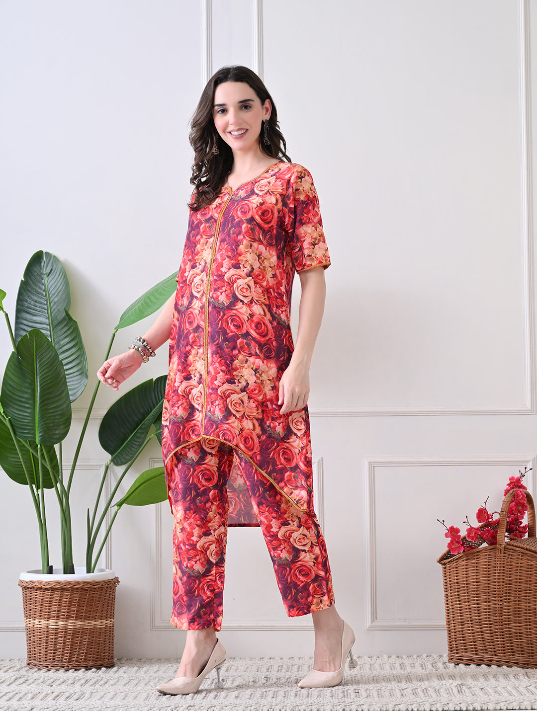 Espresso & Sand Geometric Kurta Set with Lace Accents