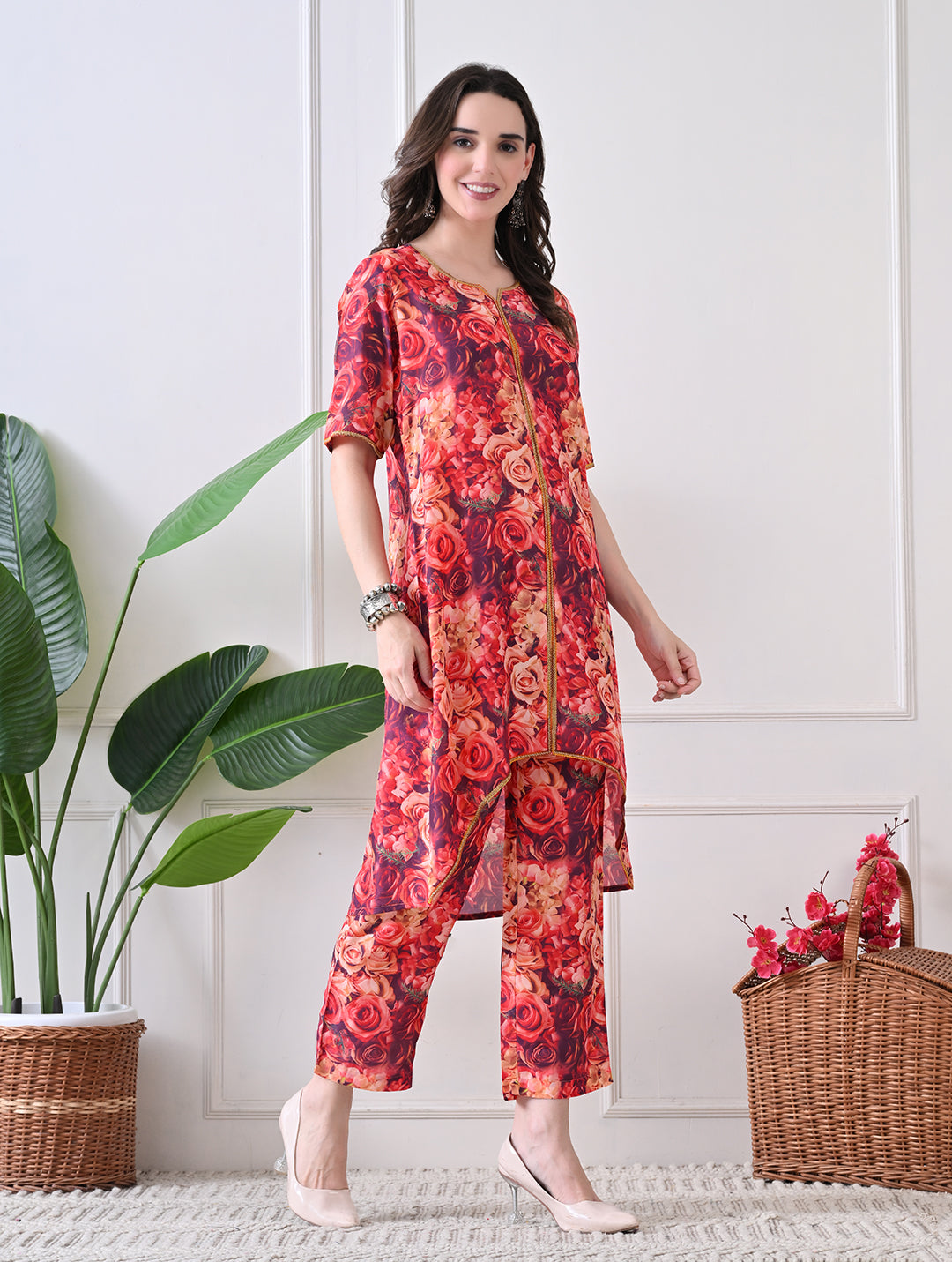 Espresso & Sand Geometric Kurta Set with Lace Accents