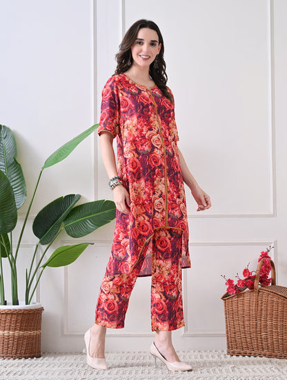 Espresso & Sand Geometric Kurta Set with Lace Accents