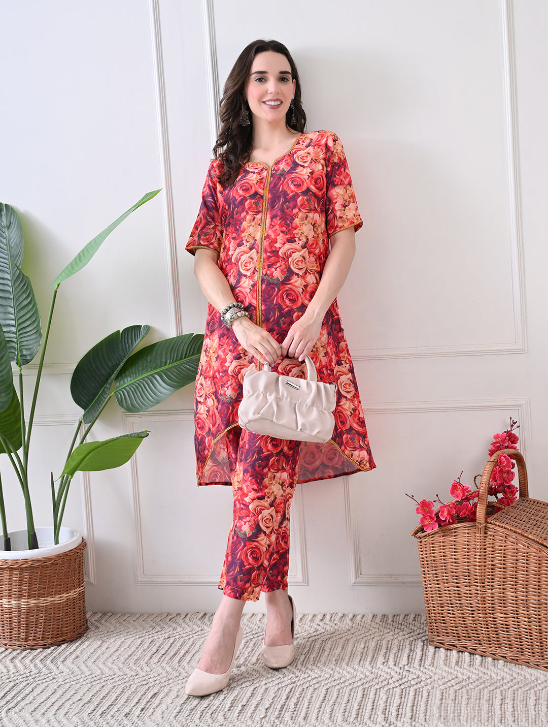 Espresso & Sand Geometric Kurta Set with Lace Accents