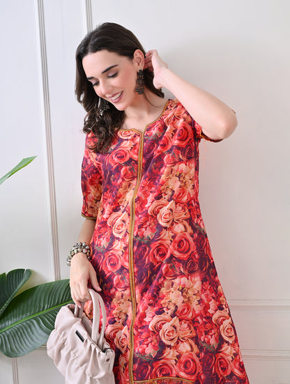 Espresso & Sand Geometric Kurta Set with Lace Accents