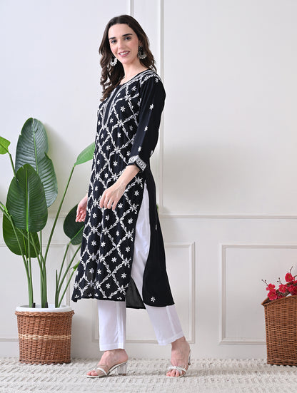 Midnight Bloom: Hand-Embroidered Kurta Set