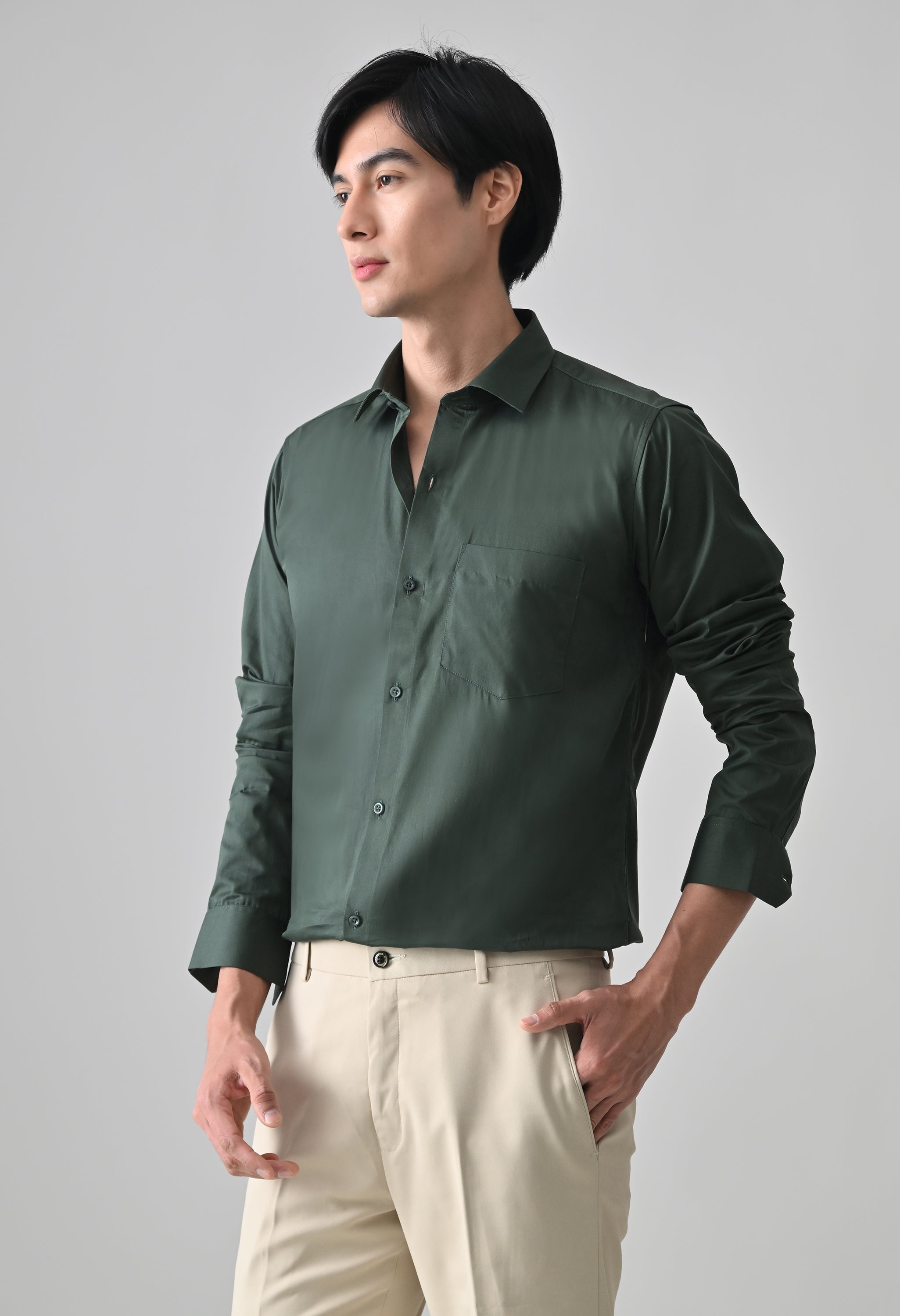 Cool Bee Bottle Green Cotton Shirt for Men - Bottle Green Premium Cotton Shirt India - Detail View