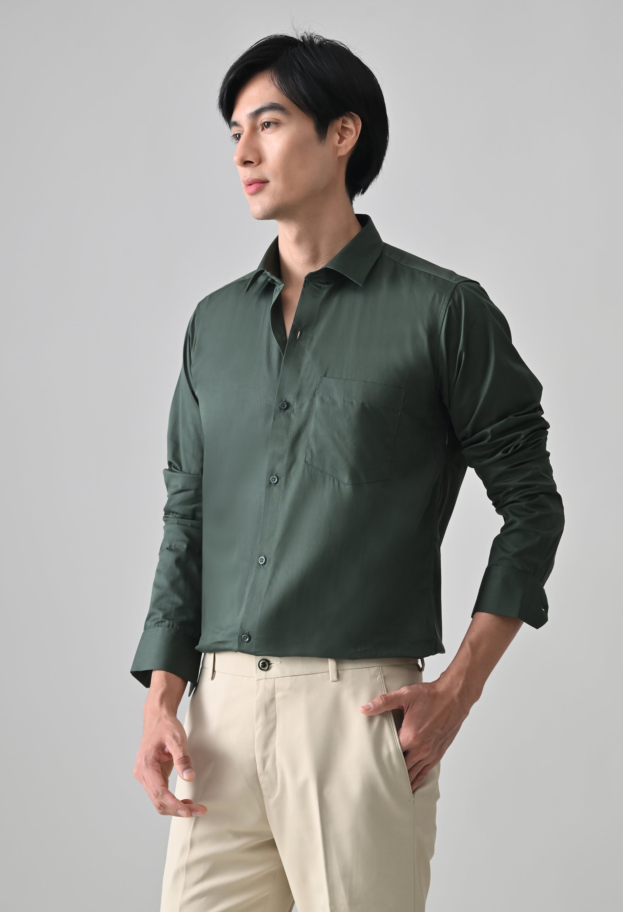 Cool Bee Bottle Green Cotton Shirt for Men - Bottle Green Premium Cotton Shirt India - Detail View