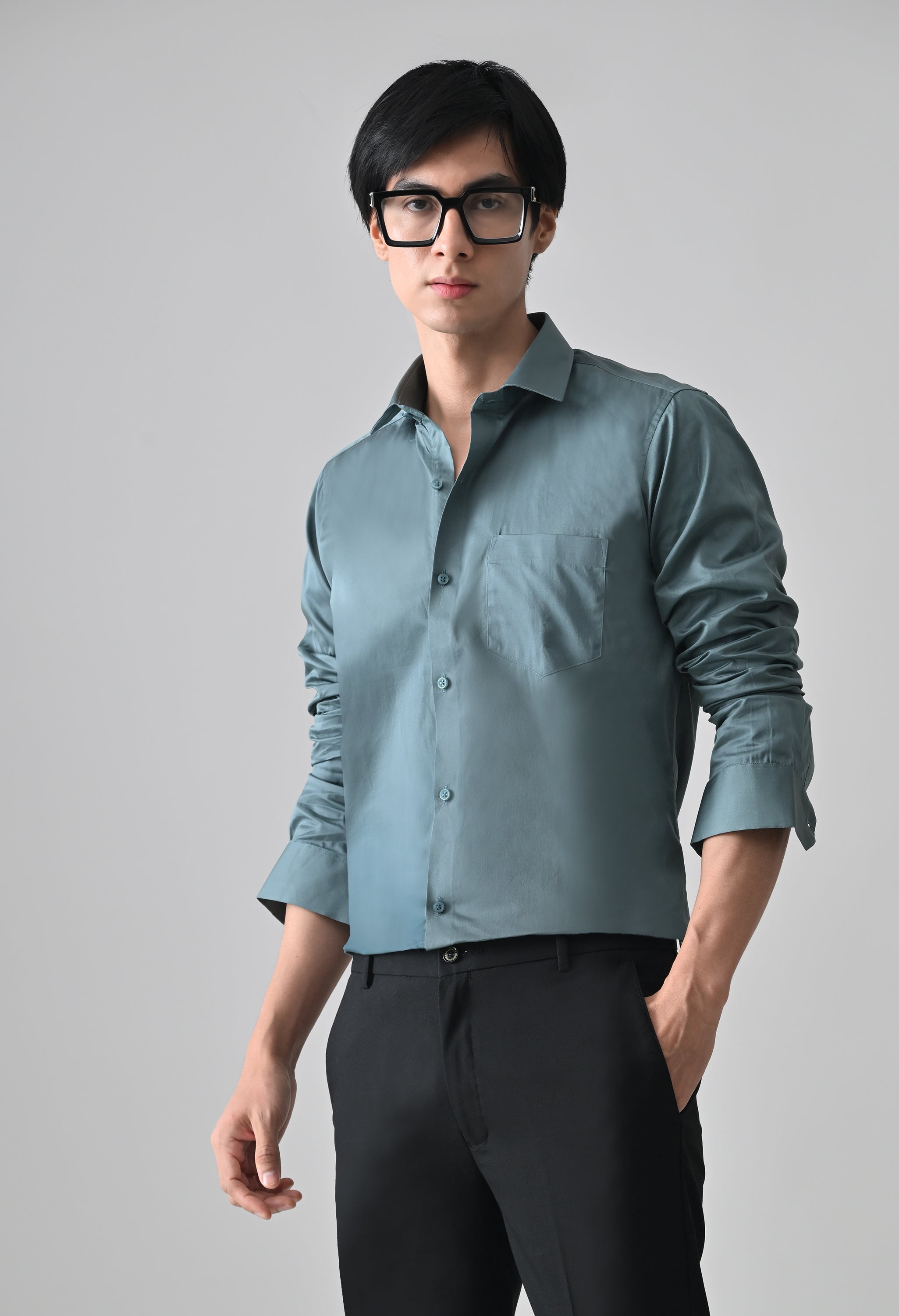 Cool Bee Green Cotton Shirt for Men - Green Premium Cotton Shirt India - Detail View