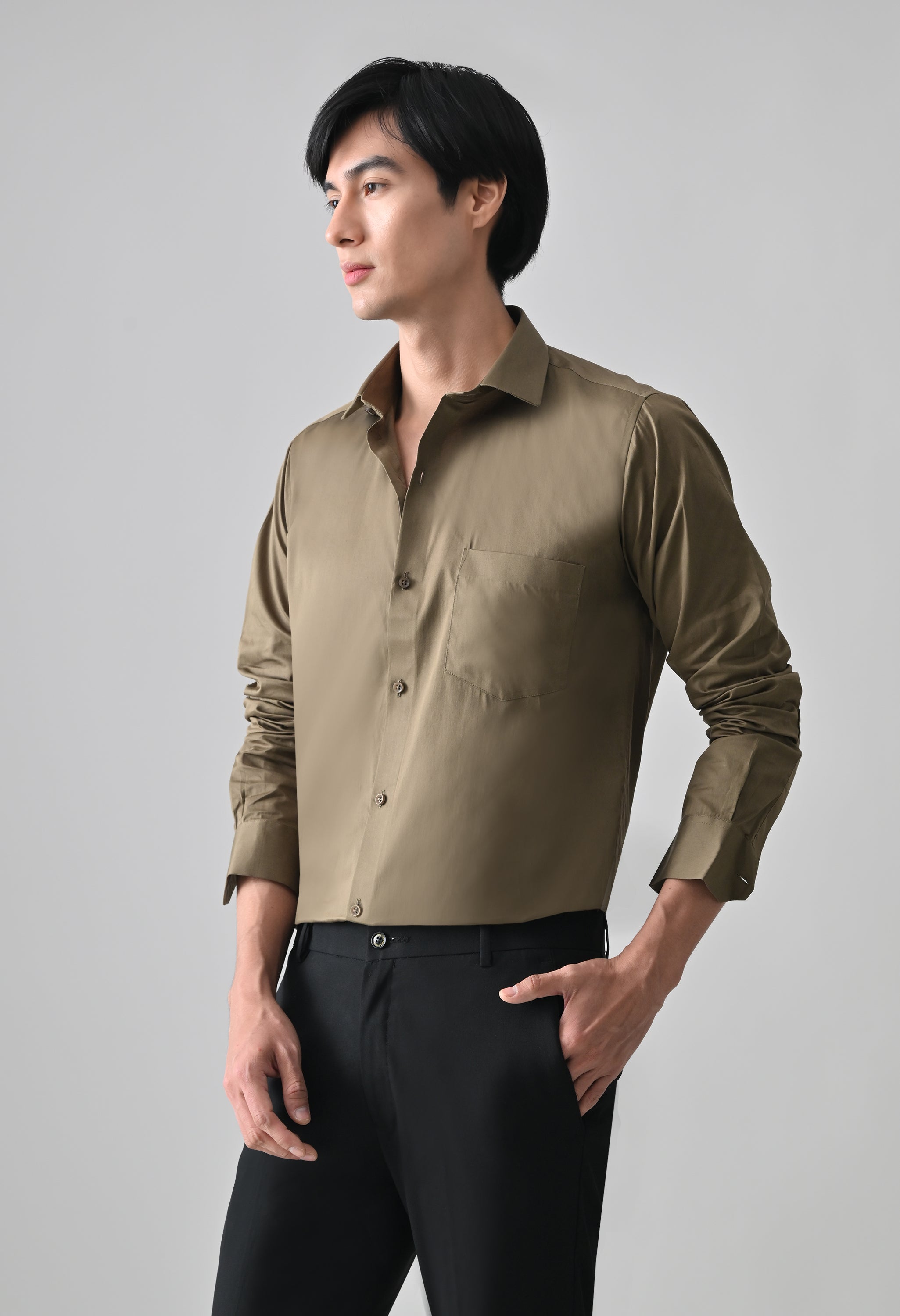 Cool Bee Khaki Cotton Shirt for Men - Khaki Premium Cotton Shirt India - Detail View