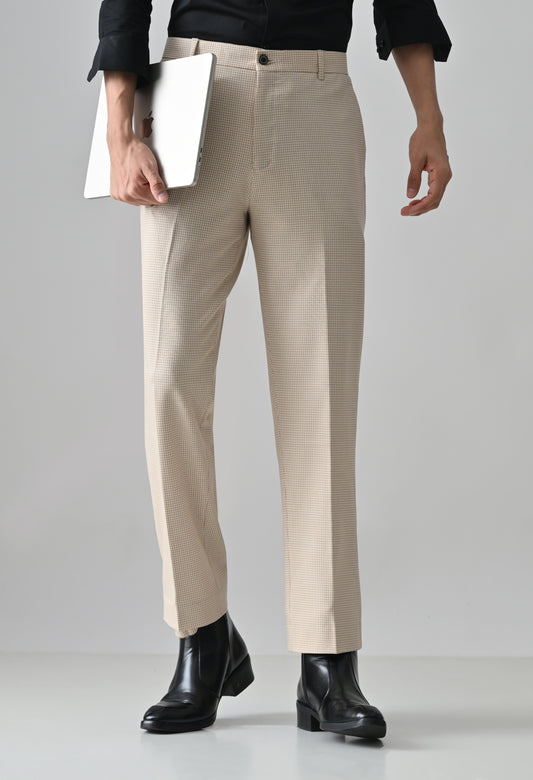 BEIGE Check Formal Trouser - Premium poly viscose | Comfortable Mens Pants