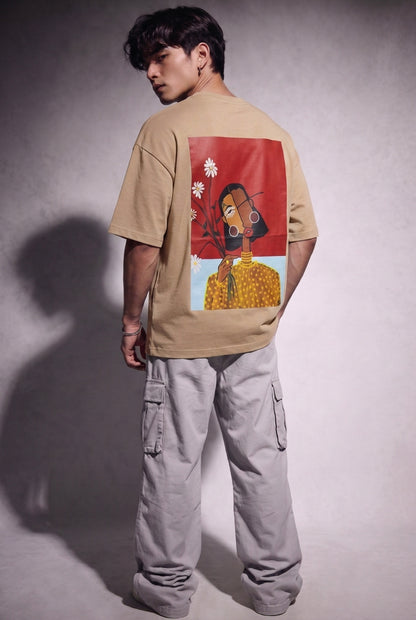 Cool Bee Cubist Bloom Oversize Tee Beige for Men - Beige Oversized Graphic Tee Streetwear India - Lifestyle View