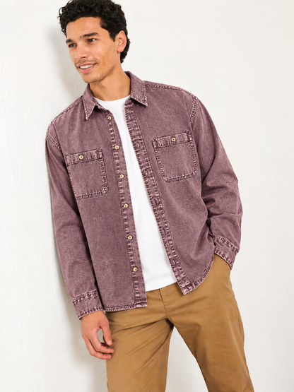 Cool Bee Mauve Wine Denim Washed Shirt – side angle, mauve wine overshirt worn open over white tee