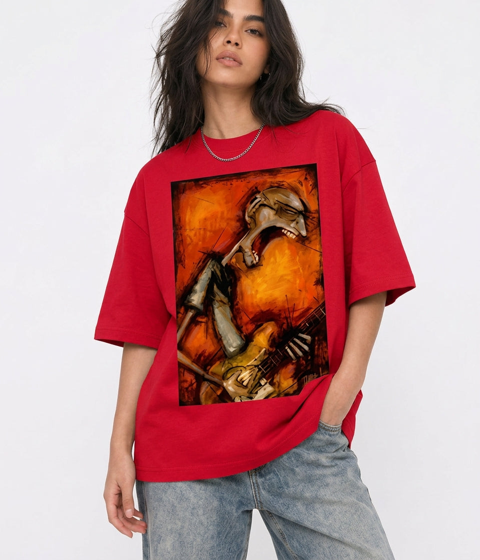 Cool Bee Canvas Chords Tee Red for Women - Red Oversized Graphic Tee Streetwear India