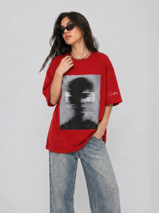 Cool Bee Blurred Vision Tee Red for Women - Red Oversized Graphic Tee Streetwear India