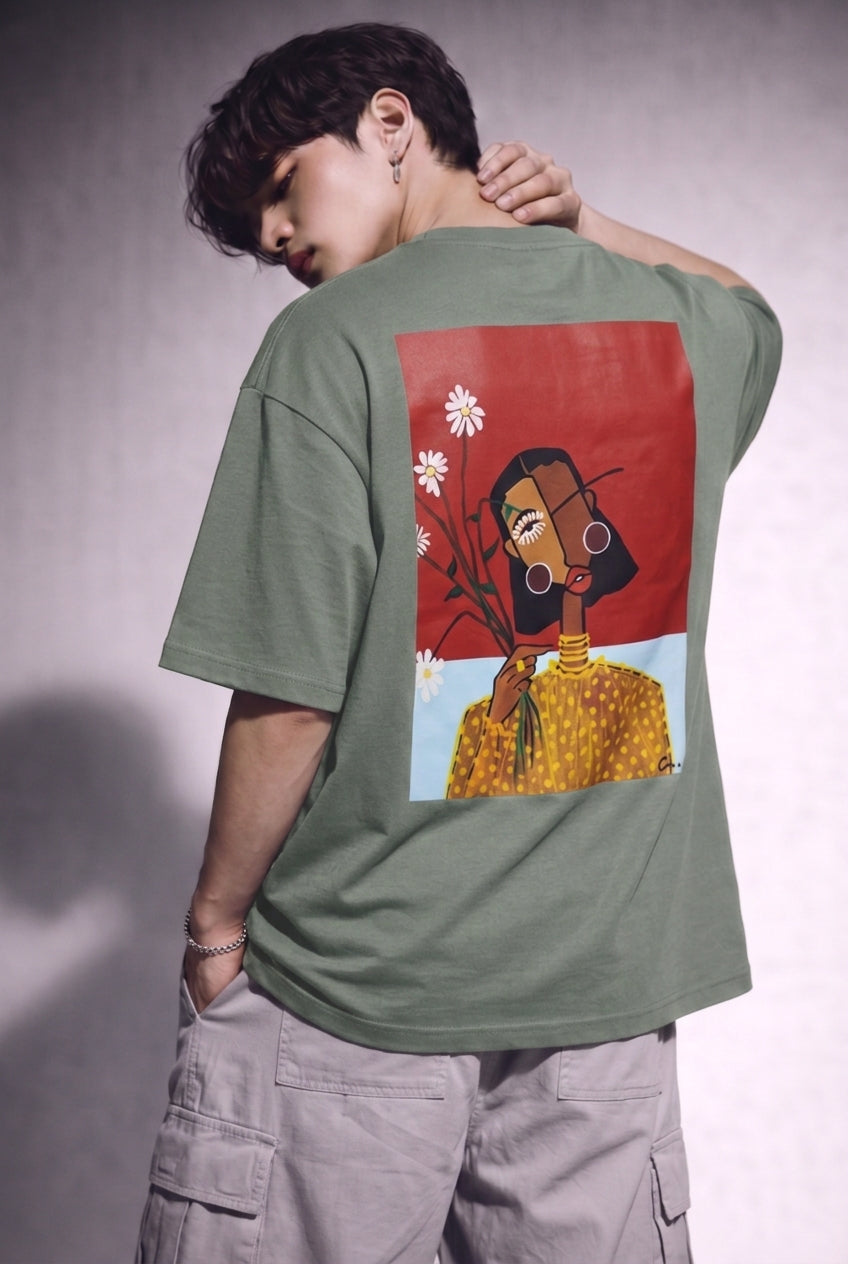 Cool Bee Cubist Bloom Oversize Tee Green for Men - Green Oversized Graphic Tee Streetwear India - Lifestyle View