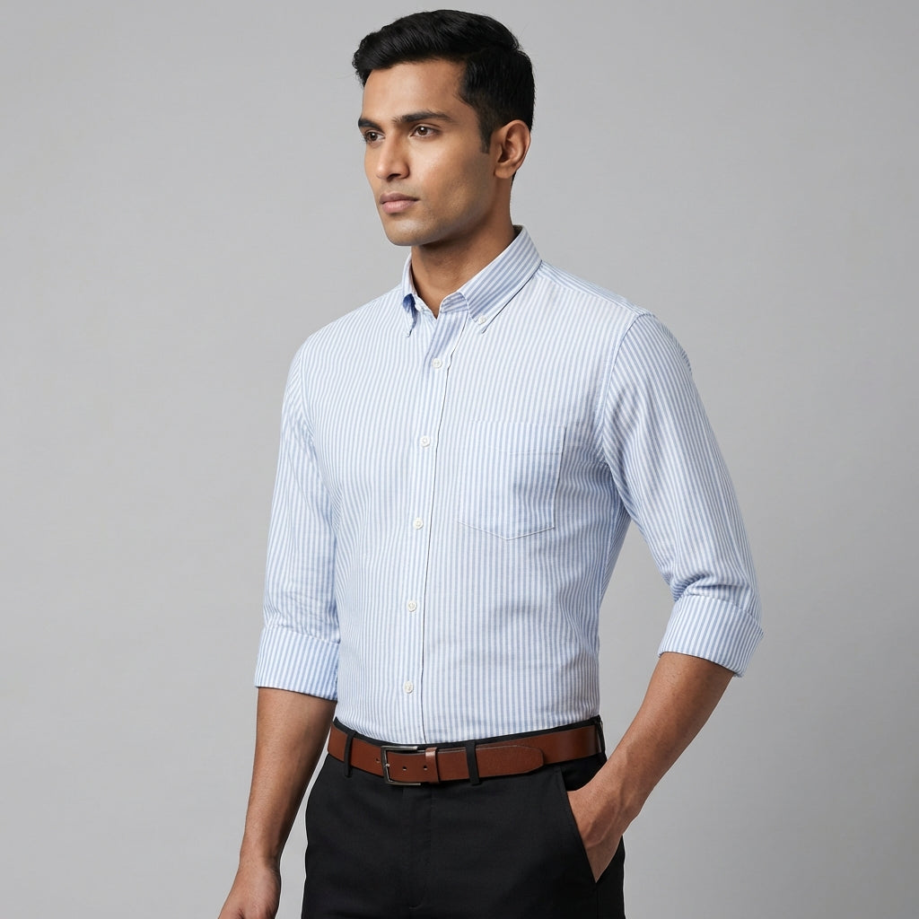 Cool Bee Super Premium Slim Fit Blue Striped Oxford Shirt for Men - Striped Premium Oxford Shirt India - Detail View