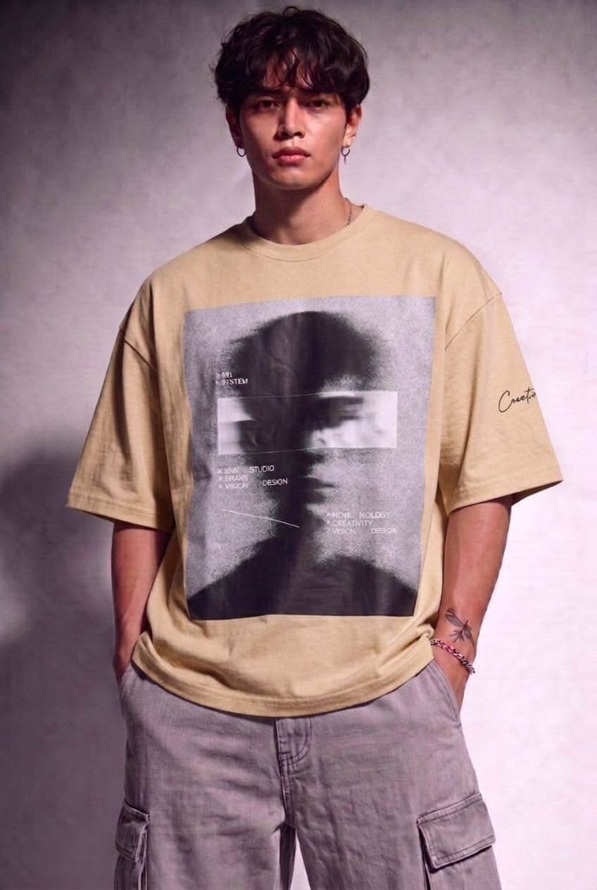 Cool Bee Blurred Vision Tee Beige for Men - Beige Oversized Graphic Tee Streetwear India