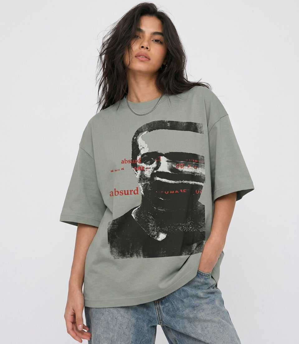 Cool Bee Glitch Portrait Tee Green for Women - Green Oversized Graphic Tee Streetwear India