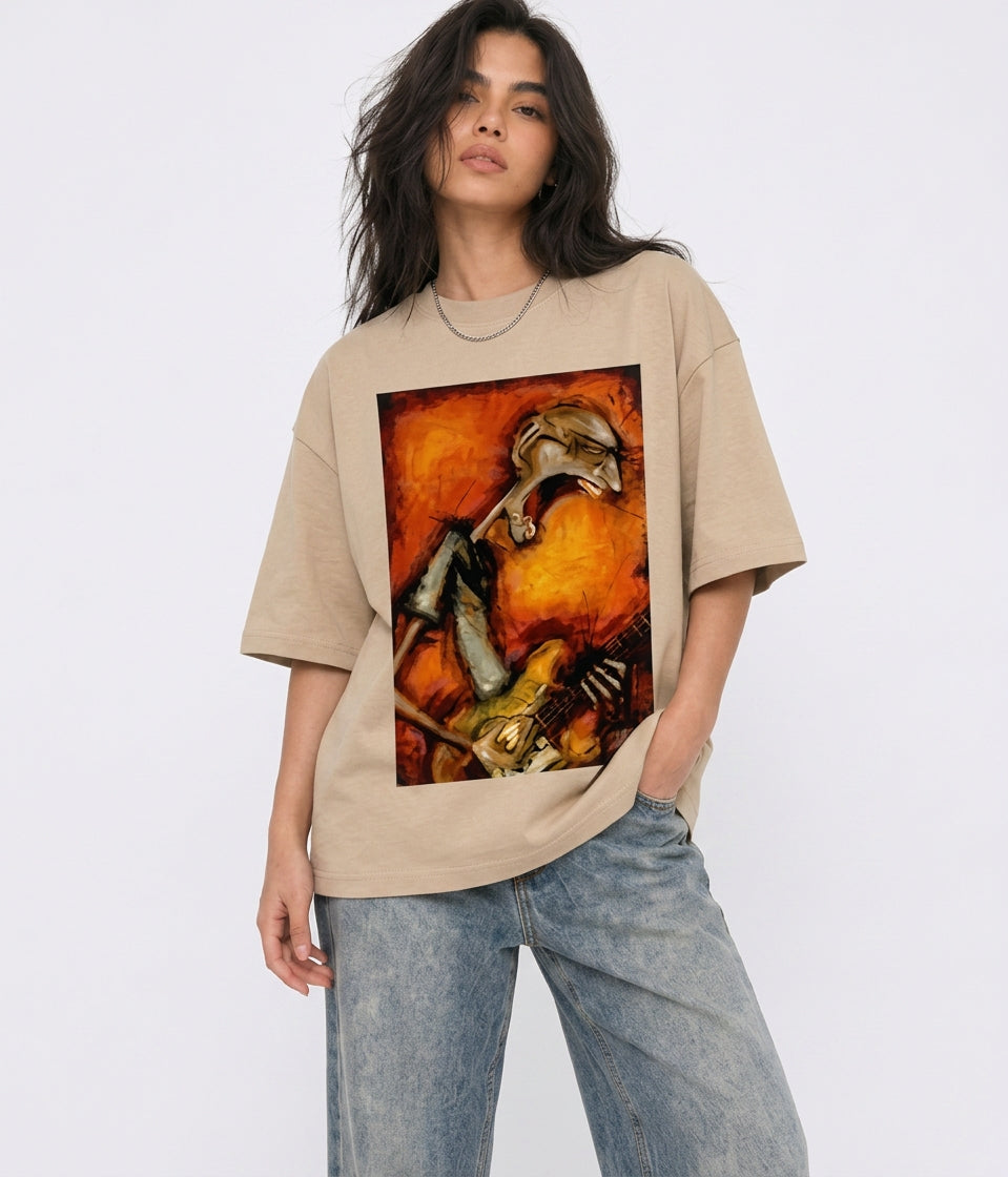 Cool Bee Canvas Chords Tee Beige for Women - Beige Oversized Graphic Tee Streetwear India