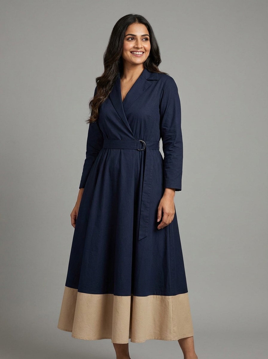 Midnight Elegance Two-Tone Flare Wrap Dress | Cool Bee