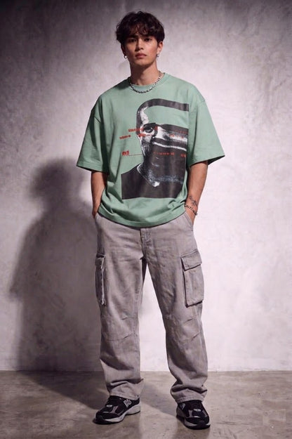 Cool Bee Glitch Portrait Tee Green for Men - Green Oversized Graphic Tee Streetwear India - Detail View