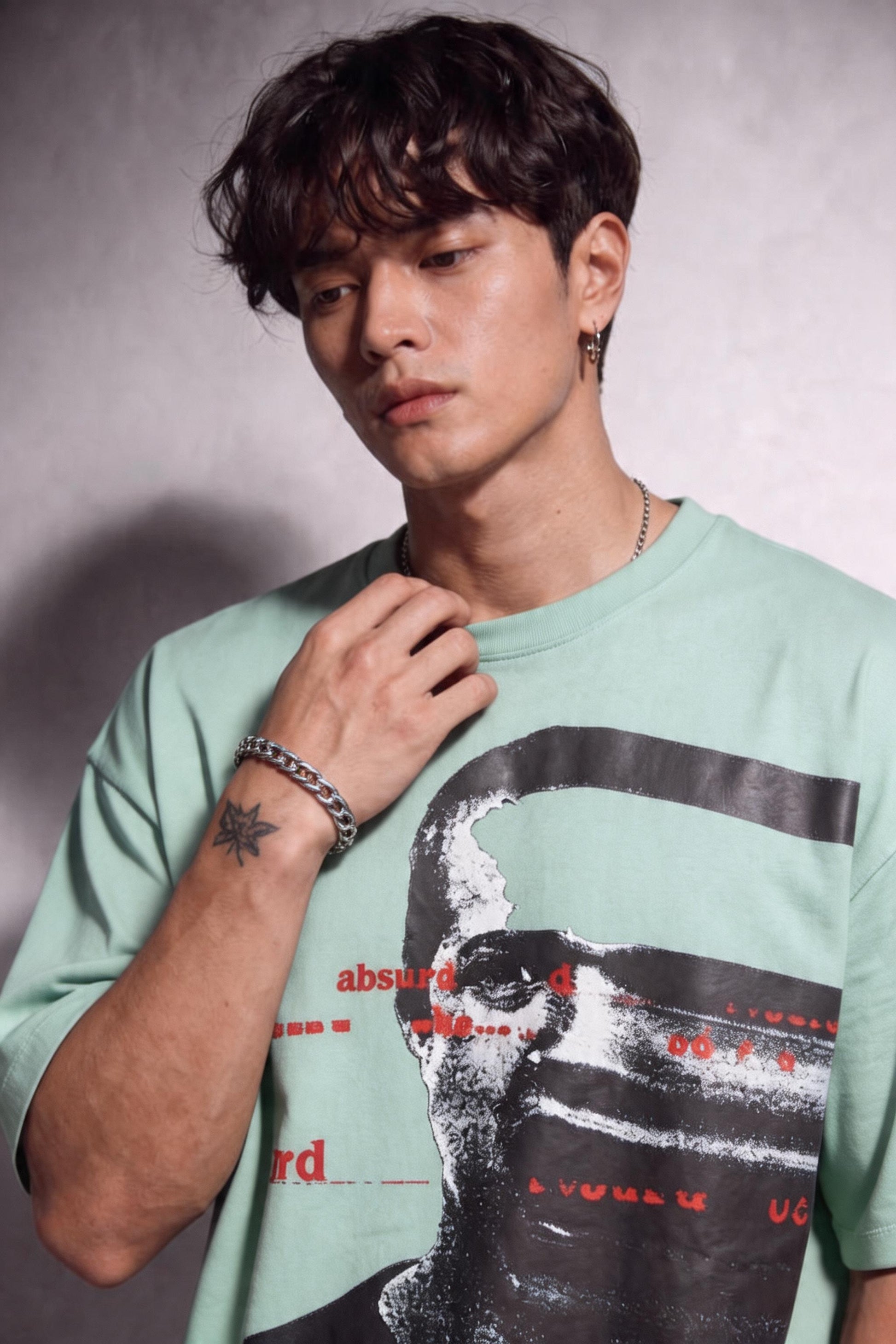 Cool Bee Glitch Portrait Tee Green for Men - Green Oversized Graphic Tee Streetwear India - Lifestyle View