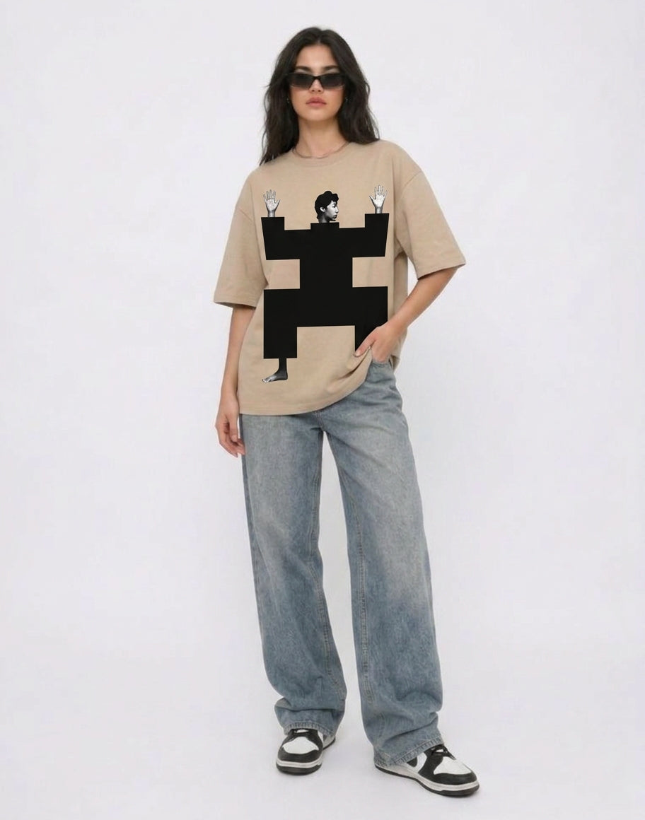 Cool Bee Structural Persona Tee Beige for Women - Oversized Graphic Tee Streetwear India - Detail View