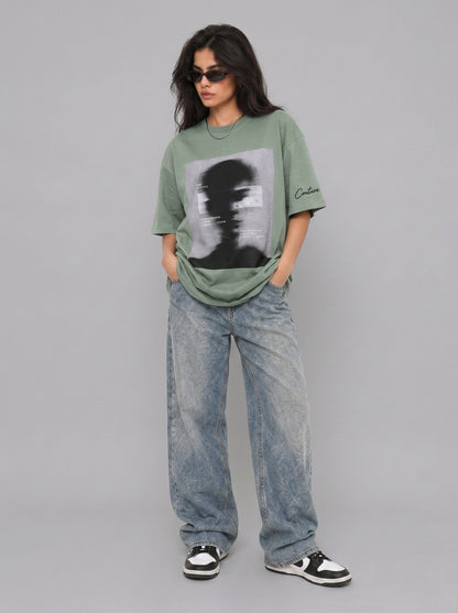 Cool Bee Blurred Vision Tee Green for Women - Oversized Graphic Tee Streetwear India - Lifestyle View