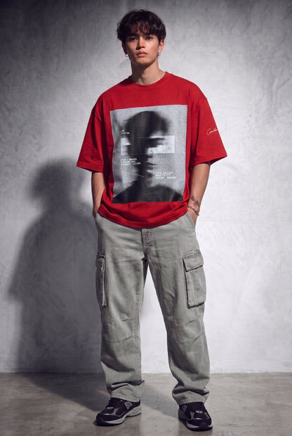 Cool Bee Blurred Vision Tee Red for Men - Red Oversized Graphic Tee Streetwear India - Detail View