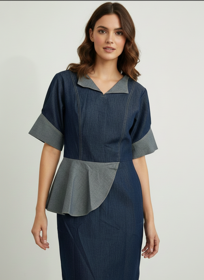Sophisticated Denim Panel Midi Dress Deep Navy & Slate | Cool Bee