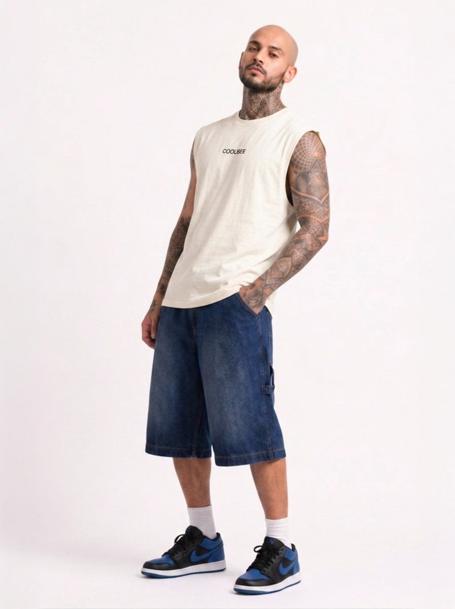 Cool Bee Men Tank Tees White for Men - White Tank Top Gym Casual India - Detail View