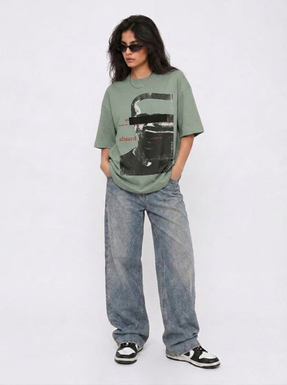 Cool Bee Glitch Portrait Tee Green for Women - Oversized Graphic Tee Streetwear India - Detail View