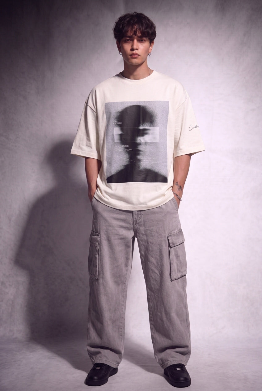 Cool Bee Blurred Vision Tee Egg Shell White for Men - Egg Shell White Oversized Graphic Tee Streetwear India - Detail View