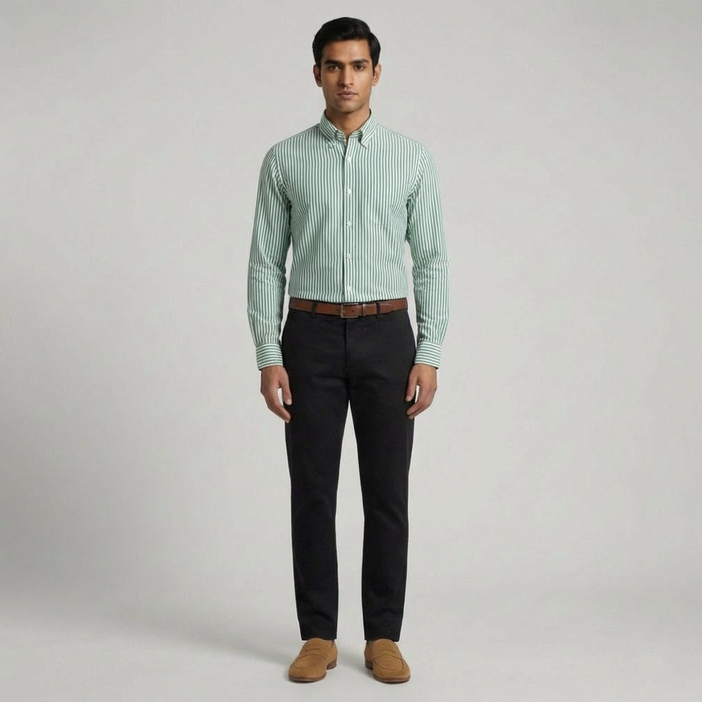 Super Premium Slim Fit Green Striped Oxford Shirt