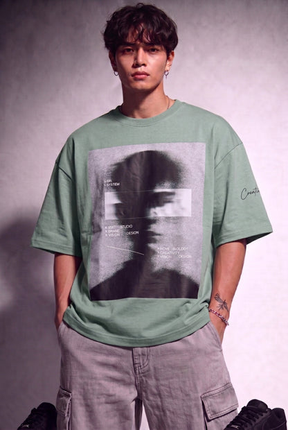 Cool Bee Blurred Vision Tee Off Green for Men - Off Green Oversized Graphic Tee Streetwear India