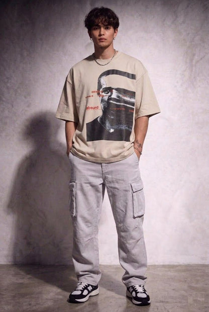 Cool Bee Glitch Portrait Tee Beige for Men - Beige Oversized Graphic Tee Streetwear India - Lifestyle View