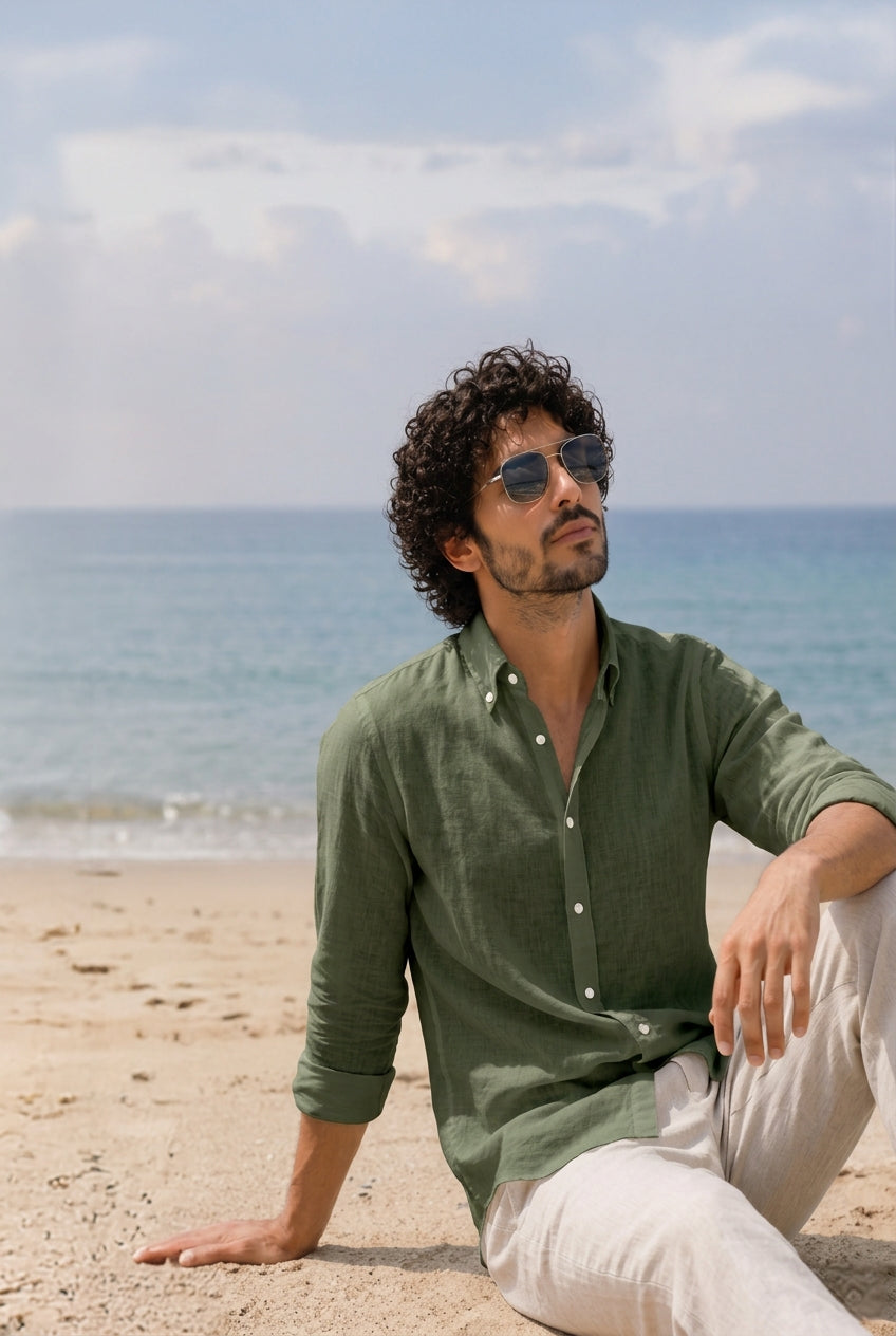 Cool Bee Linen Casual Shirt Dark Green for Men - Dark Green Linen Casual Shirt Breathable India - Lifestyle View