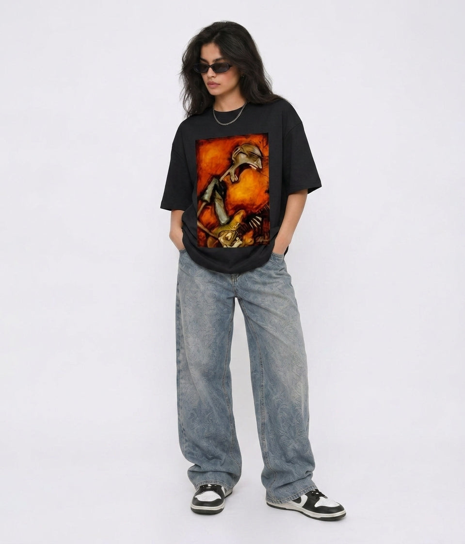 Cool Bee Canvas Chords Tee Black for Women - Oversized Graphic Tee Streetwear India - Lifestyle View
