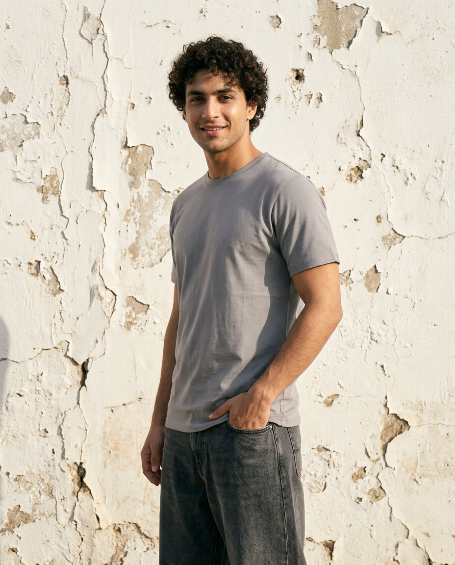 Cool Bee Essential Cotton Crew Neck T-Shirt Stone Gray for Men - Stone Graphic Tee India - Detail View