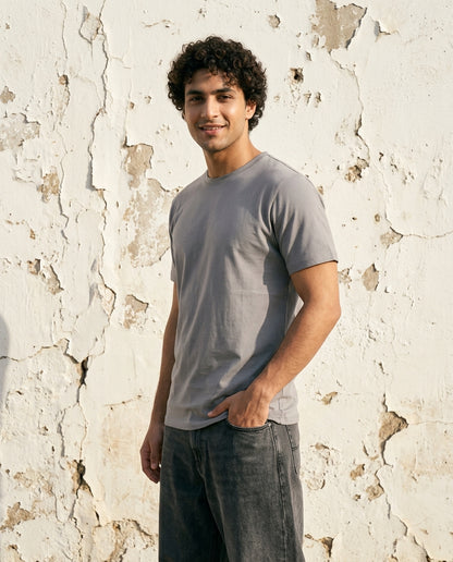 Cool Bee Essential Cotton Crew Neck T-Shirt Stone Gray for Men - Stone Graphic Tee India - Detail View