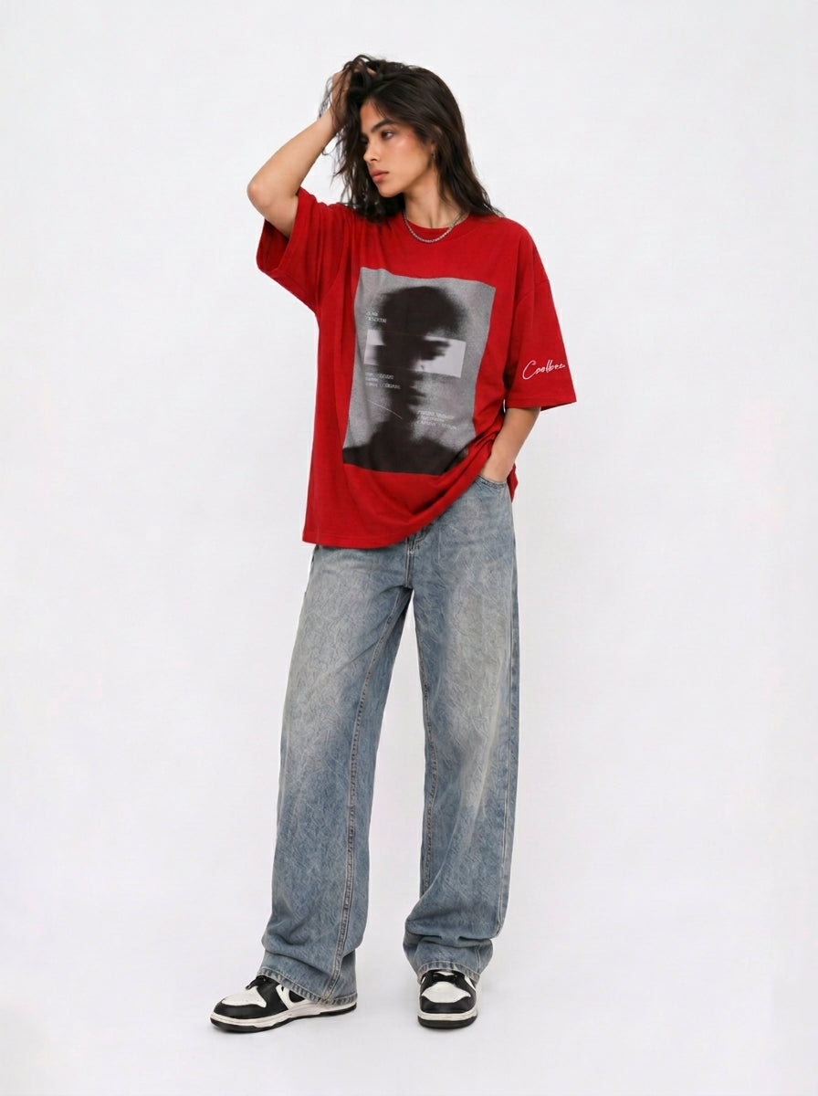 Cool Bee Blurred Vision Tee Red for Women - Oversized Graphic Tee Streetwear India - Lifestyle View