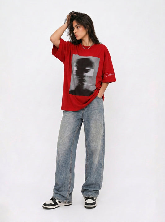 Cool Bee Blurred Vision Tee Red for Women - Red Oversized Graphic Tee Streetwear India - Back View