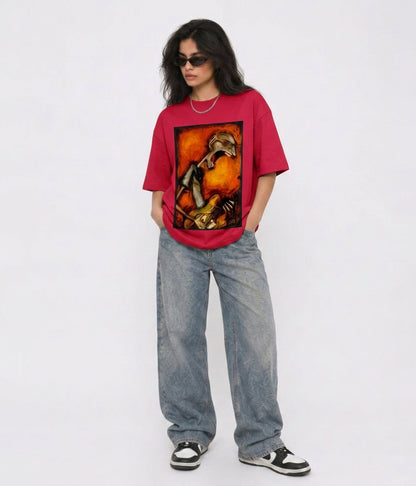 Cool Bee Canvas Chords Tee Red for Women - Oversized Graphic Tee Streetwear India - Lifestyle View