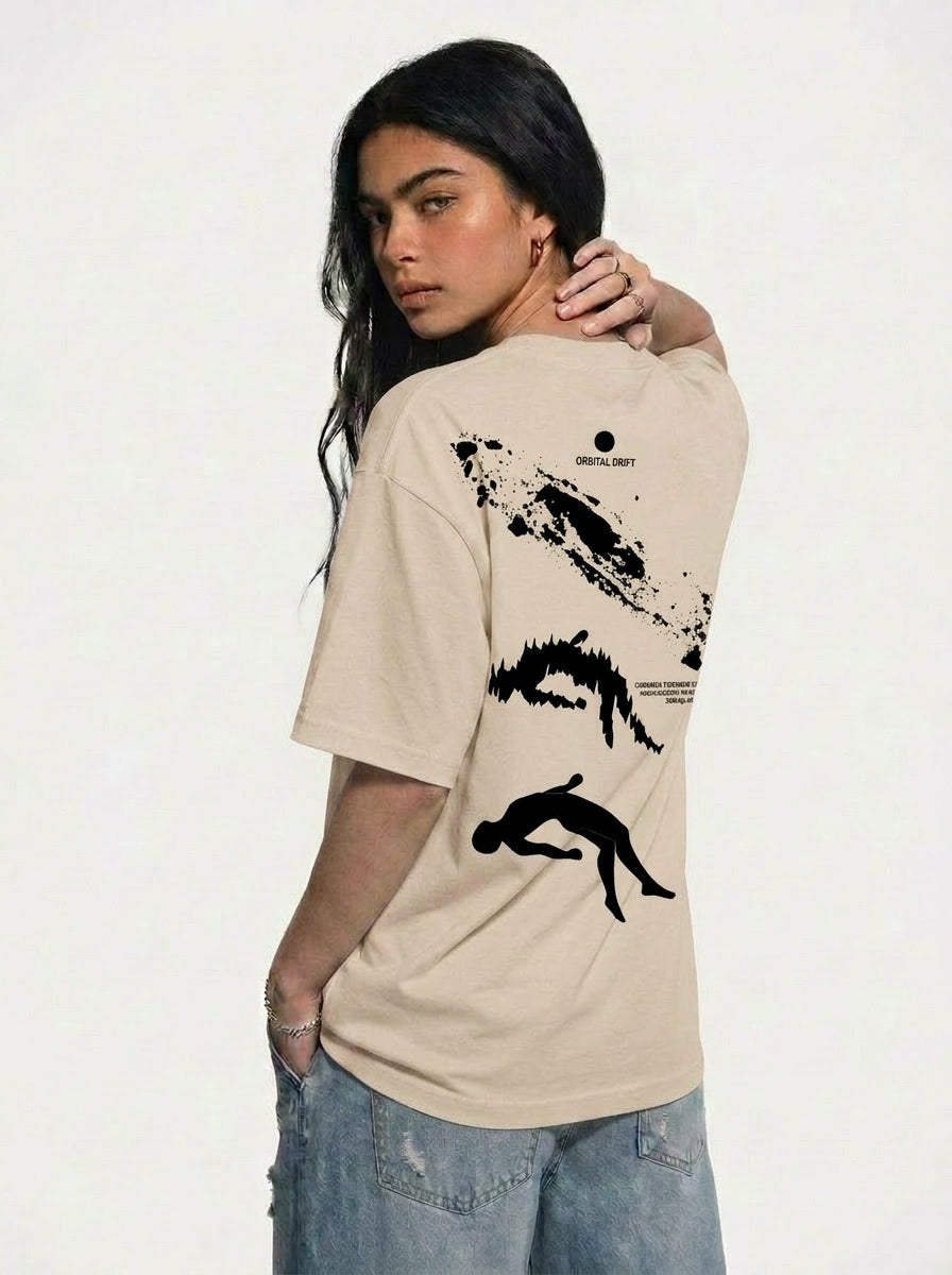 Cool Bee Orbital Drift Tee Beige for Women - Beige Oversized Graphic Tee Streetwear India