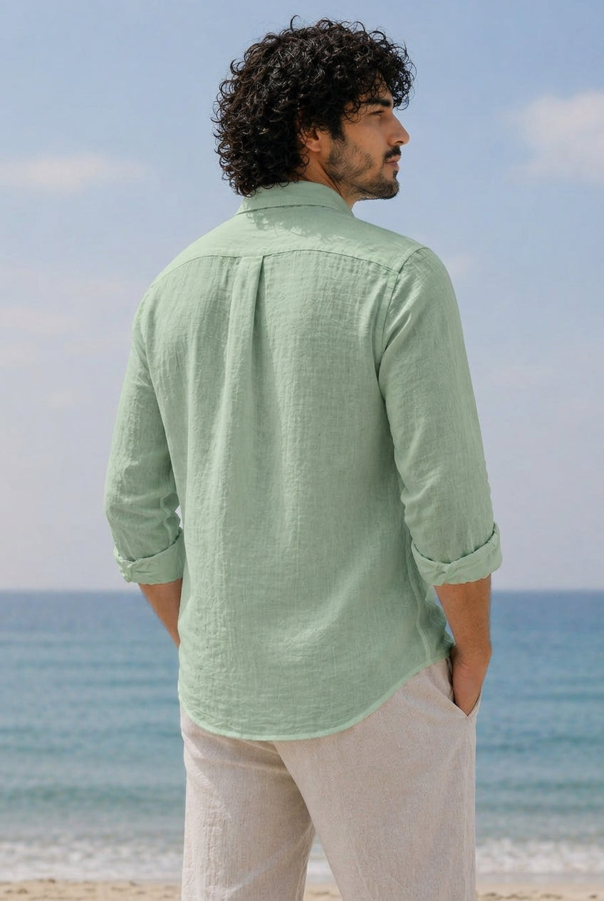 Cool Bee Linen Casual Shirt Sage Green for Men - Sage Green Linen Casual Shirt Breathable India - Back View