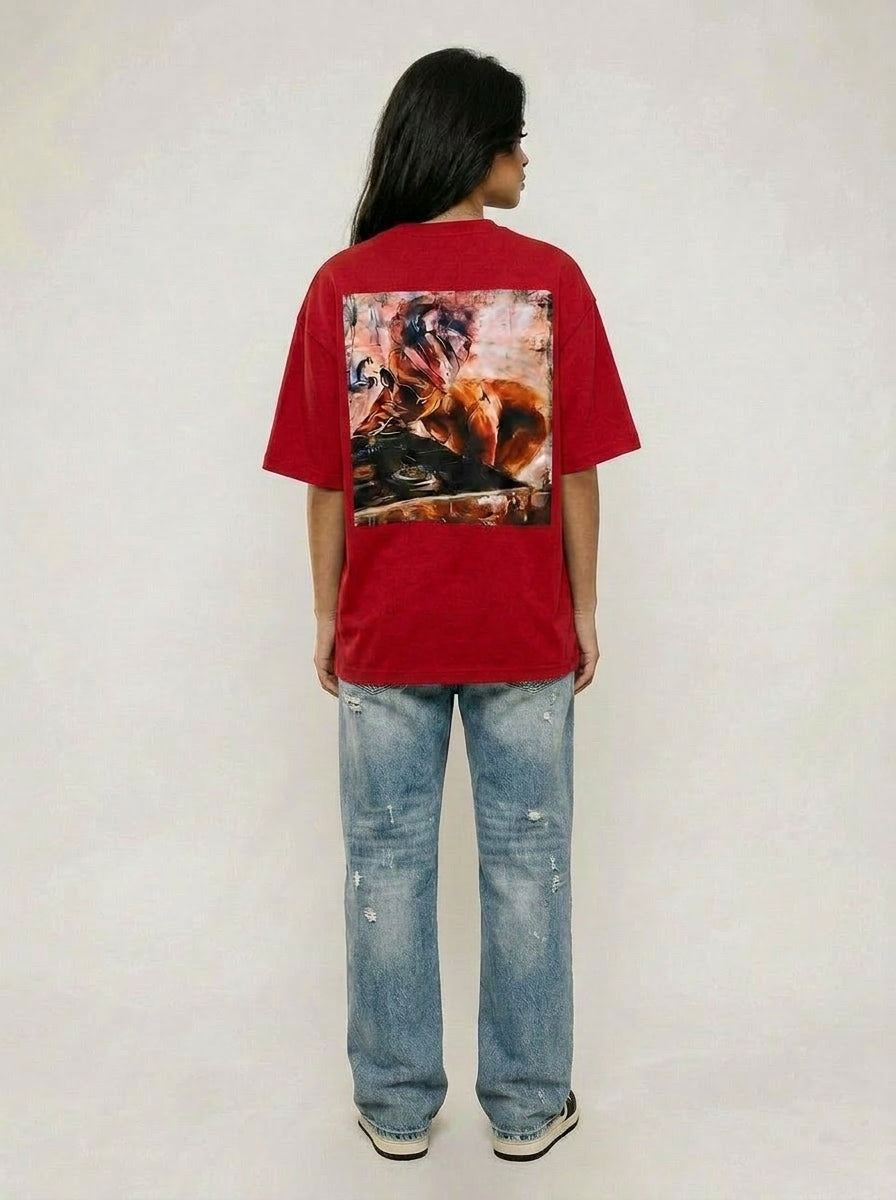 Cool Bee Midnight Muse Tee Red for Women - Oversized Graphic Tee Streetwear India - Lifestyle View