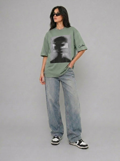 Cool Bee Blurred Vision Tee Green for Women - Oversized Graphic Tee Streetwear India - Lifestyle View