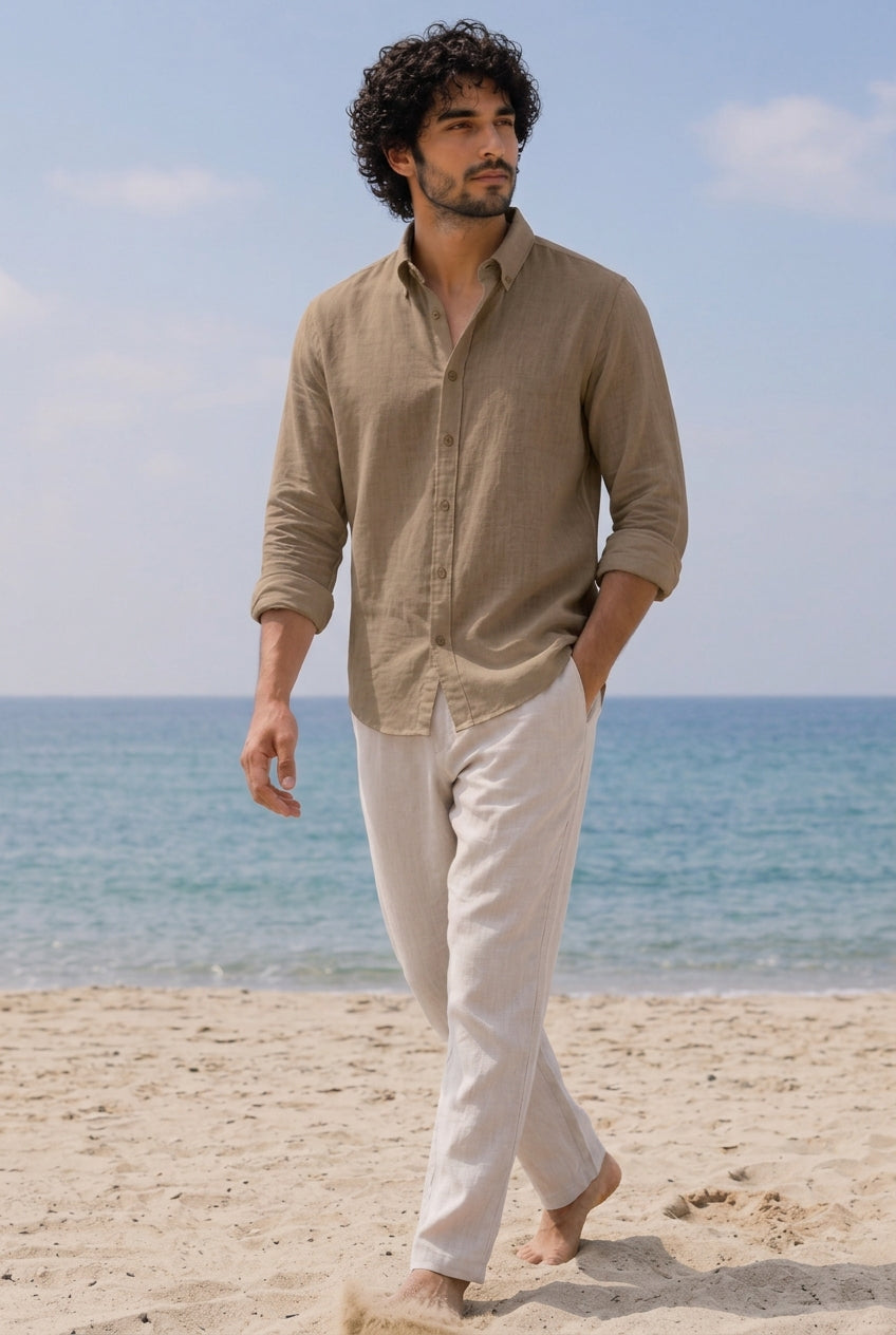 Cool Bee Linen Casual Shirt Dark Beige for Men - Dark Beige Linen Casual Shirt Breathable India - Detail View