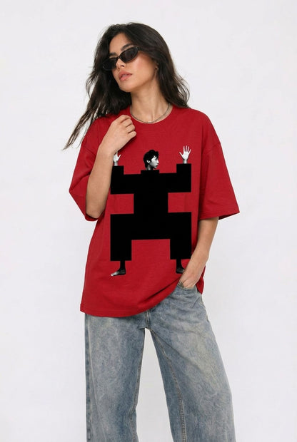 Cool Bee Structural Persona Tee Red for Women - Oversized Graphic Tee Streetwear India - Lifestyle View